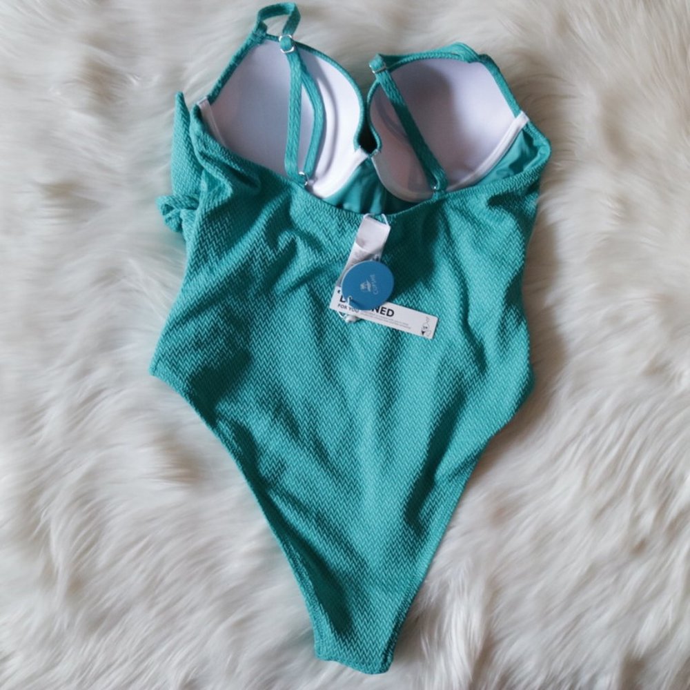 NEW Turquoise Green Underwire Tie Front Hipster One Piece Swimsuit Size Large - Picture 5 of 7